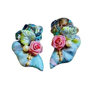 VTG Elafco Rose Abalone Chunky Earrings Party Clip Rainbow Pop Art retro 80s